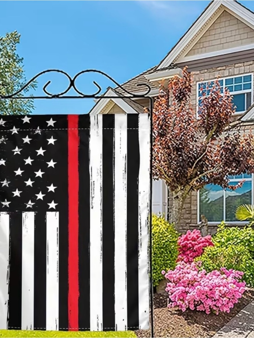 Thin Red Line Garden Flag - Black, White & Red Patriotic Banner